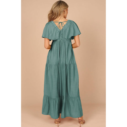 Green Textured V Neck Flutter Sleeve Ruffled Maxi Dress