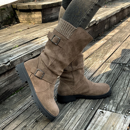 Women's Knit-Panel Mid-Calf Boots in Light Brown – rear three-quarter view | Hensley London