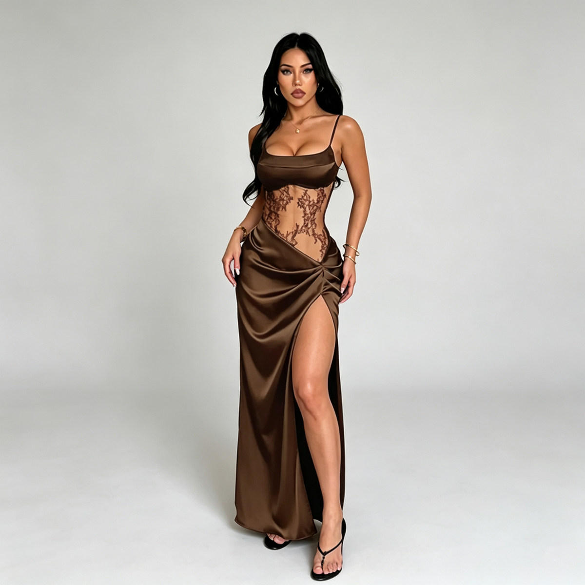Women's Lace Waist Maxi Dress in Brown – Front view | Hensley London