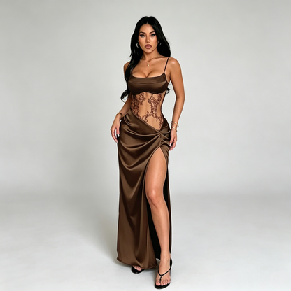 Women's Lace Waist Maxi Dress in Brown – Front view | Hensley London