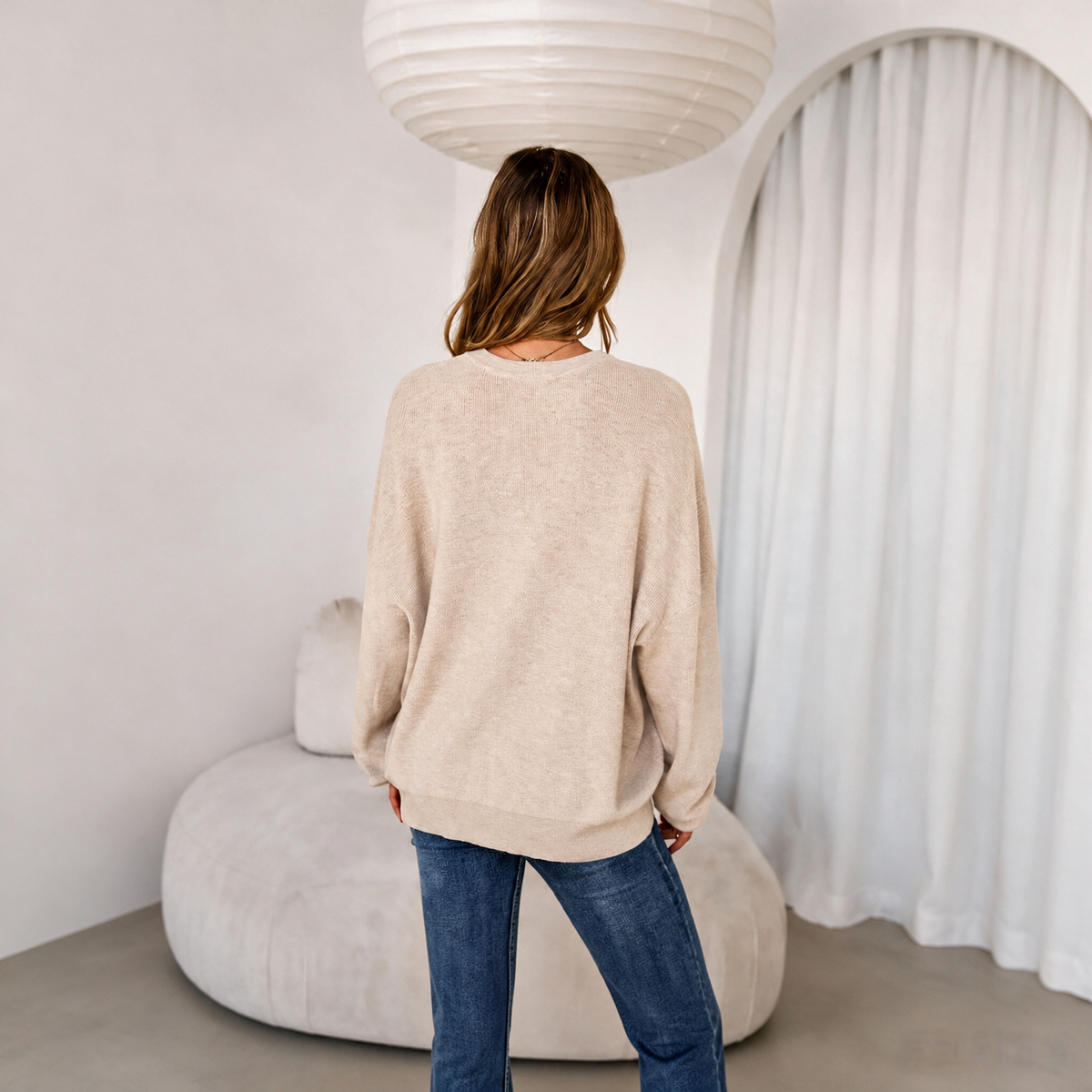 Women's Crew-Neck Knit Jumper in Beige – back view | Hensley London