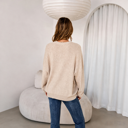 Women's Crew-Neck Knit Jumper in Beige – back view | Hensley London