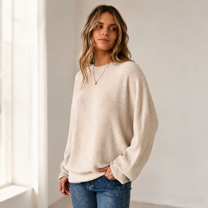 Women's Crew-Neck Knit Jumper in Beige – front lifestyle view | Hensley London