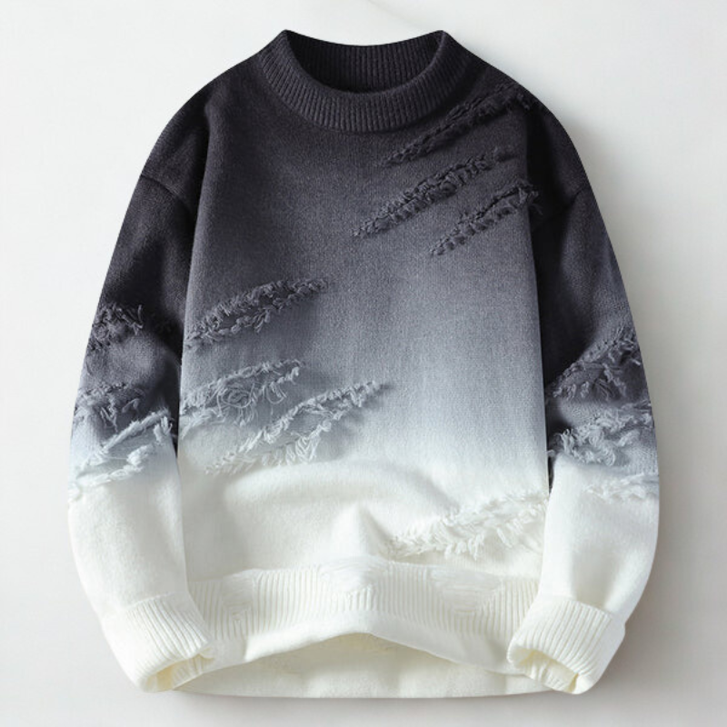 Men's Ombre Crew-Neck Jumper with Frayed Accents in Black – front product view | Hensley London