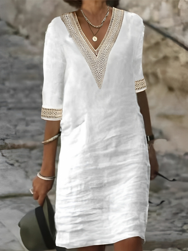 Women's Summer Dress White Linen V-Neck with Lace Detailing-1