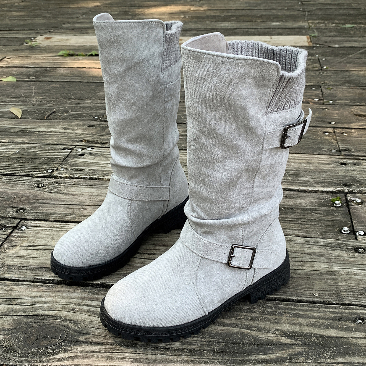 Women's Knit-Panel Mid-Calf Boots in Grey – front three-quarter view | Hensley London