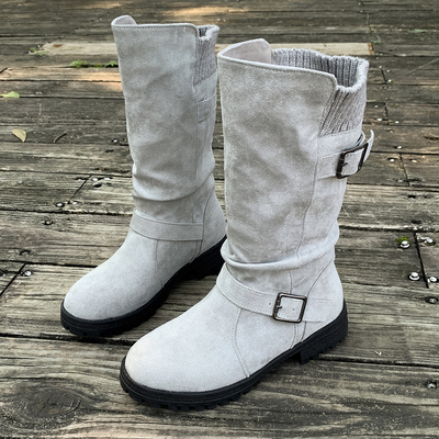 Women's Knit-Panel Mid-Calf Boots in Grey – front three-quarter view | Hensley London
