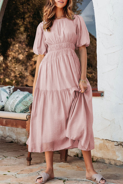 Pink Puff Sleeve Pleated High Waist Flowy Long Dress