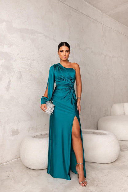 Variant image for Women's Evening Gown Black Size M Satin One Shoulder High Slit Formal Dress-1