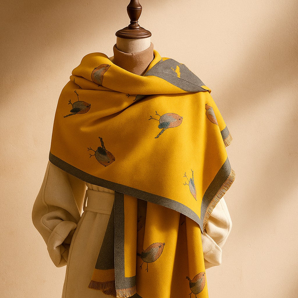 Women's Bird-Print Fringed Scarf in Yellow – draped view | Hensley London