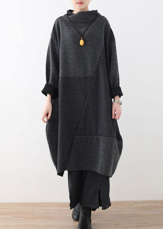 Women's Two-Piece Set Gray Striped Sweater and Wide Leg Knit Pants - 1