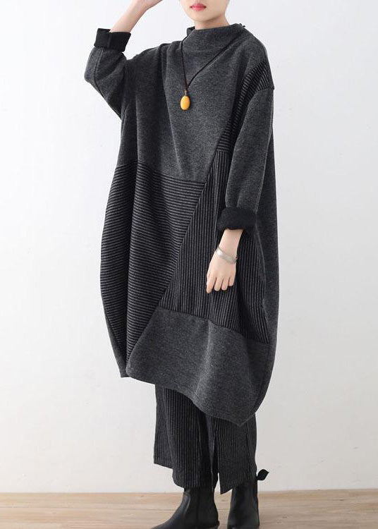 Women's Two-Piece Set Gray Striped Sweater and Wide Leg Knit Pants - 3