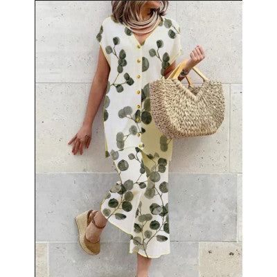 Women's Long Dress Green Rayon Blend Botanical Print-1