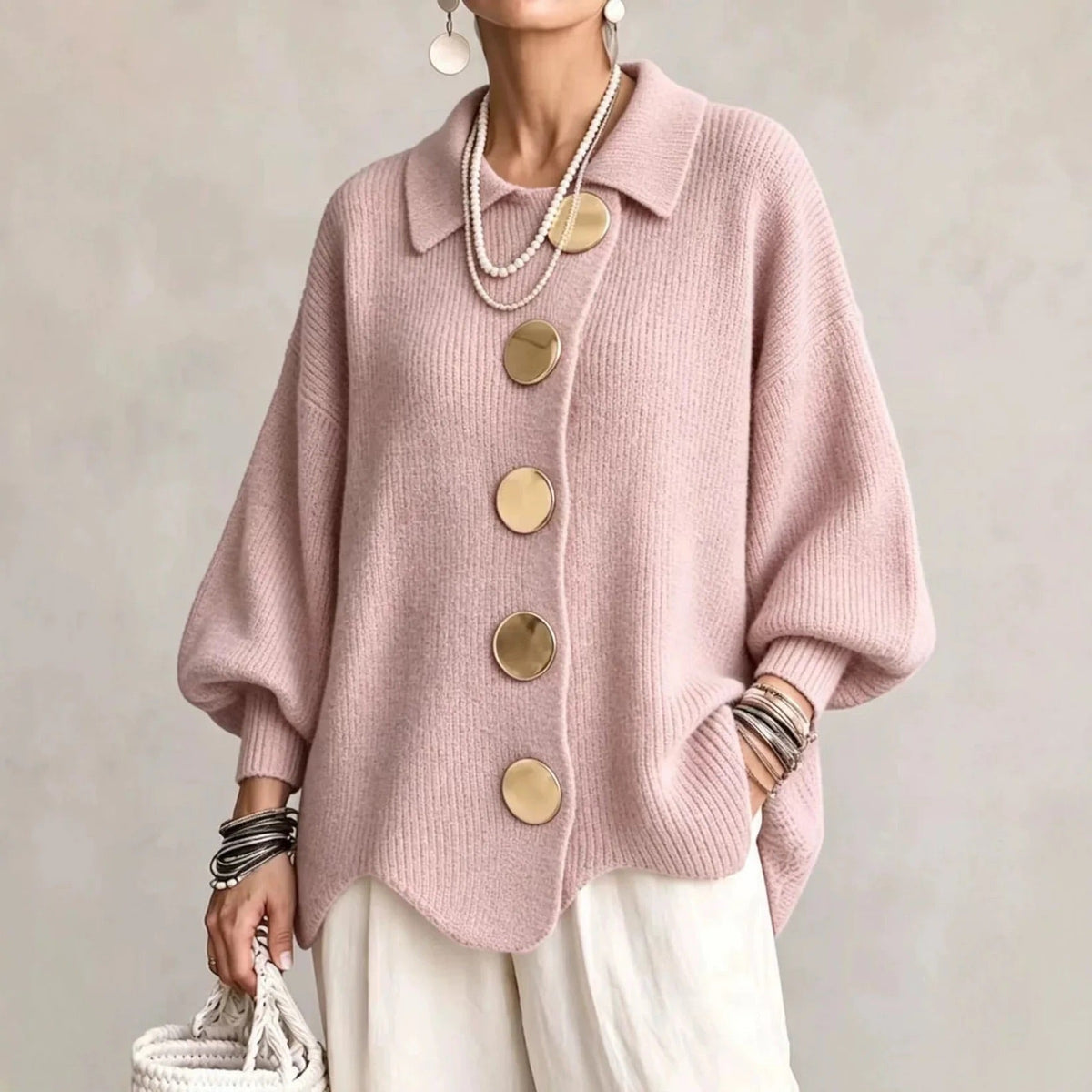 Women's Oversized Collared Knit Cardigan in Pink – front view on model | Hensley London