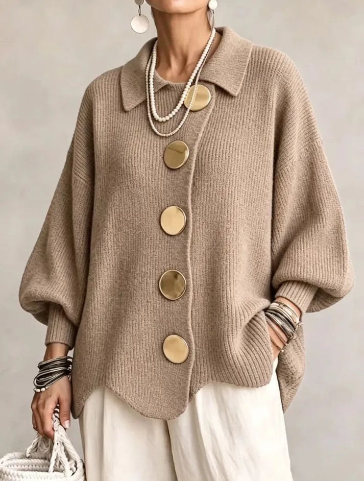 Women's Oversized Collared Knit Cardigan in Khaki – front view on model | Hensley London
