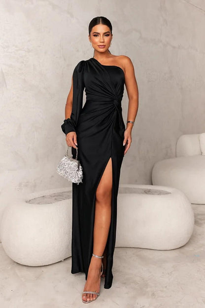 Variant image for Women's Evening Gown Black Size M Satin One Shoulder High Slit Formal Dress-31