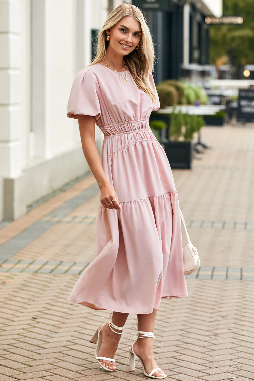 Pink Puff Sleeve Pleated High Waist Flowy Long Dress