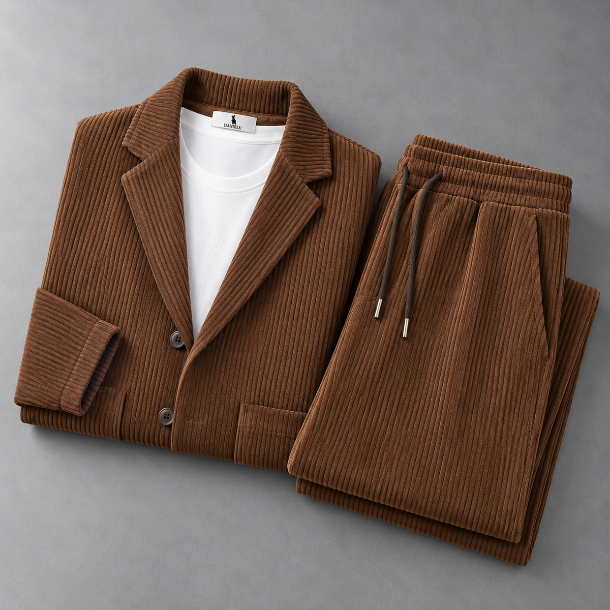 Men's Corduroy Blazer and Drawstring Trouser Set in Brown – folded detail view | Hensley London