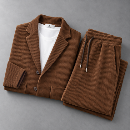 Men's Corduroy Blazer and Drawstring Trouser Set in Brown – folded detail view | Hensley London