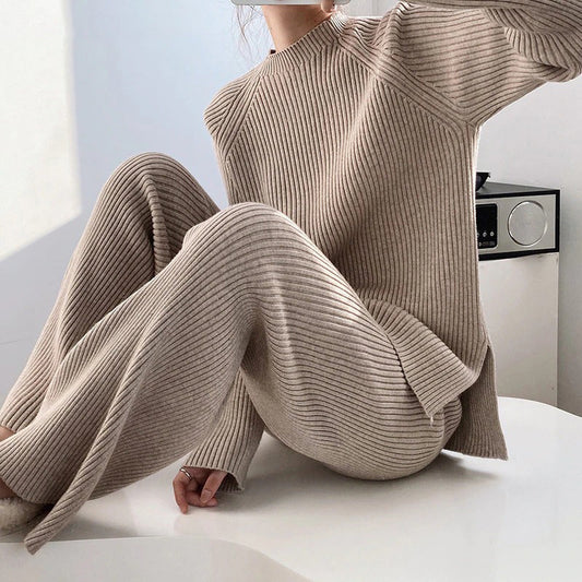 2Pcs Soft Knitted Sweater and High-Waisted Loose Pants Tracksuit Set 0