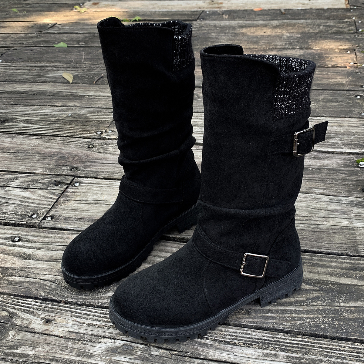 Women's Knit-Panel Mid-Calf Boots in Black – front three-quarter view | Hensley London