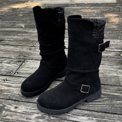Women's Knit-Panel Mid-Calf Boots in Black – front three-quarter view | Hensley London