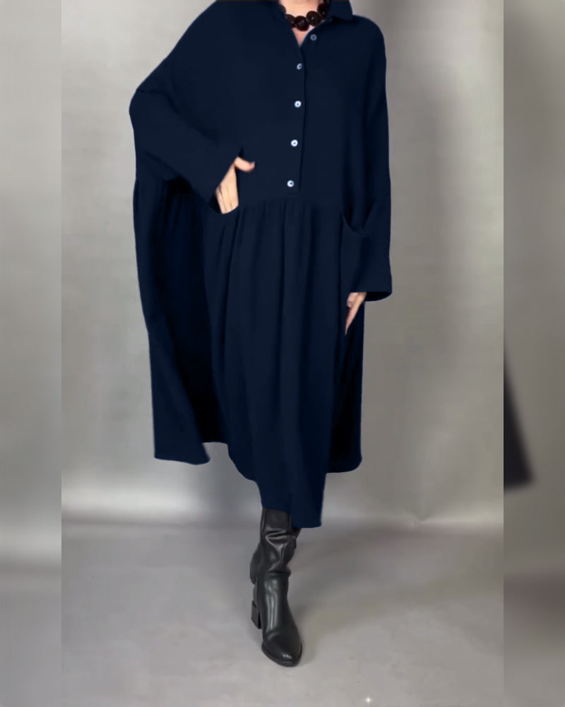 Women's Button-Collar Long-Sleeve A-Line Dress in Navy Blue – additional view | Hensley London