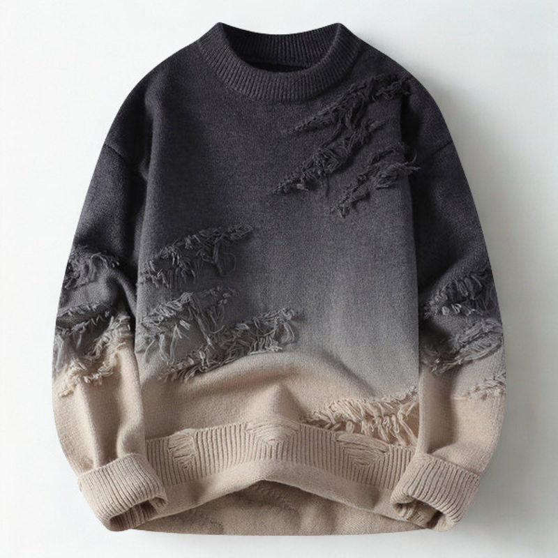 Men's Ombre Crew-Neck Jumper with Frayed Accents in Coffee – front product view | Hensley London