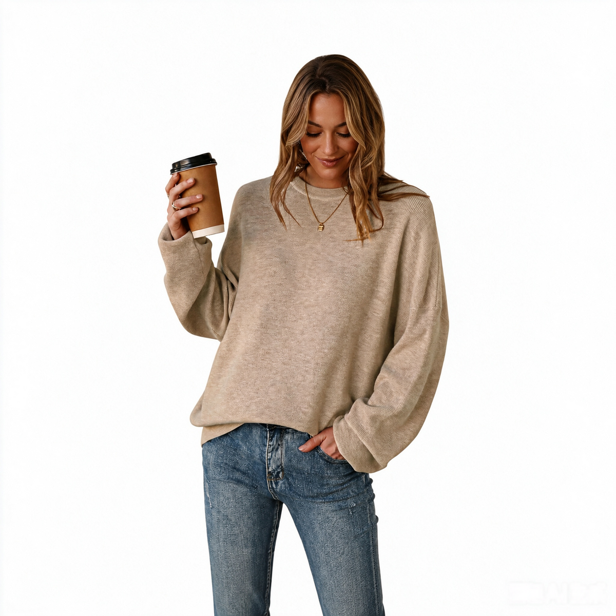 Women's Crew-Neck Knit Jumper in Beige – front model view | Hensley London