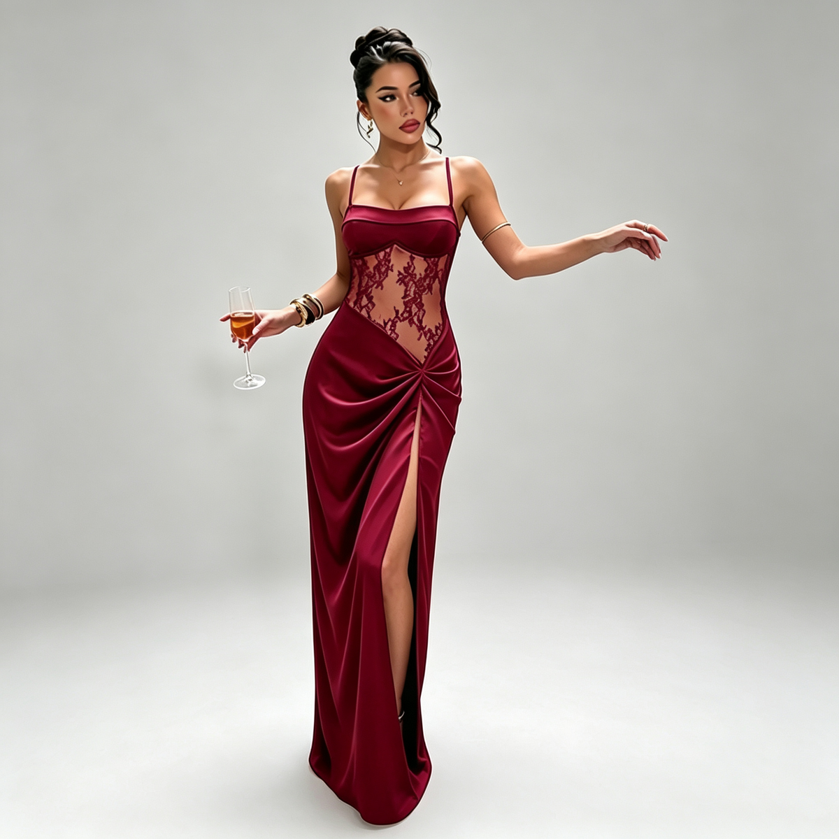 Women's Lace Waist Maxi Dress in Wine Red – Front view | Hensley London