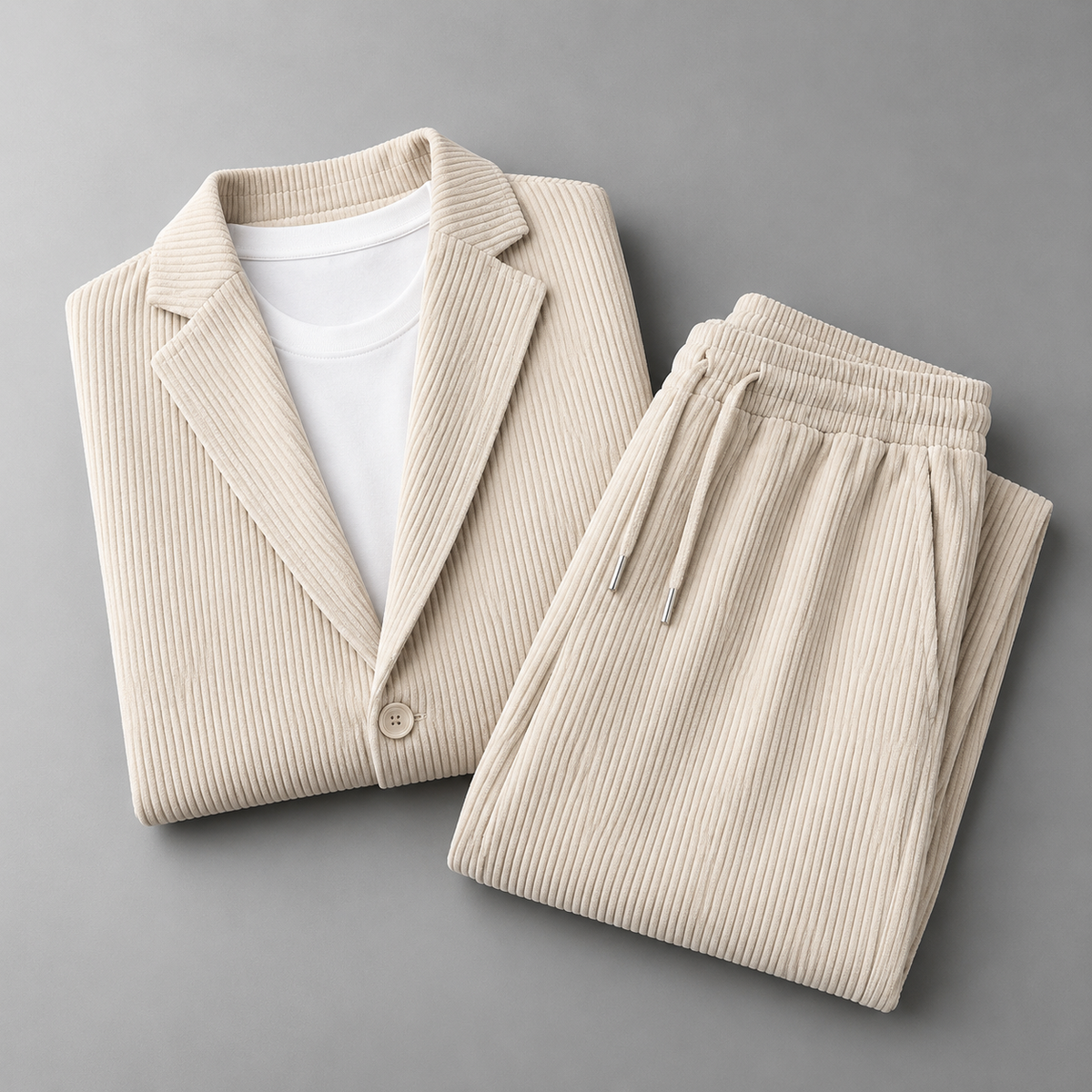 Men's Corduroy Blazer and Drawstring Trouser Set in Beige – folded detail view | Hensley London