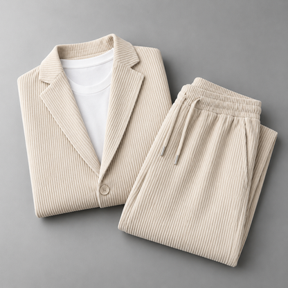 Men's Corduroy Blazer and Drawstring Trouser Set in Beige – folded detail view | Hensley London