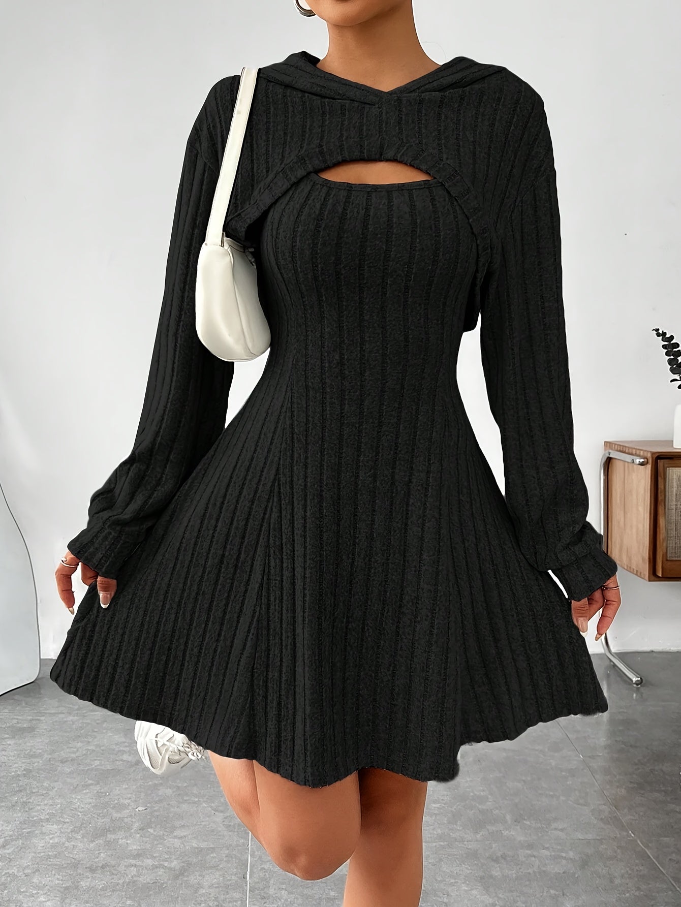 Women's Sweater Dress Black Ribbed Knit A-Line 1