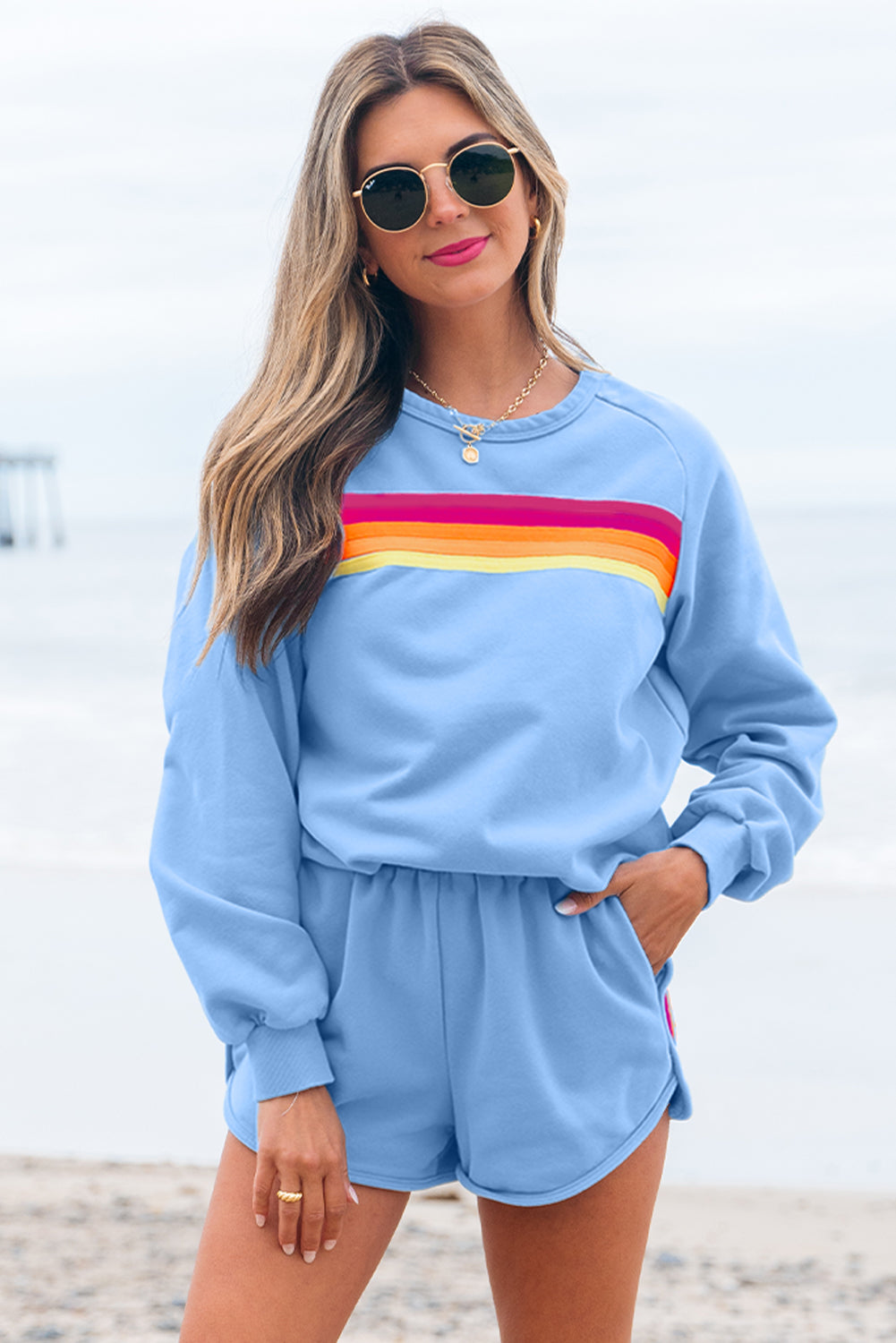 Women's Striped Pullover and Shorts Set - View 10 | Hensley London
