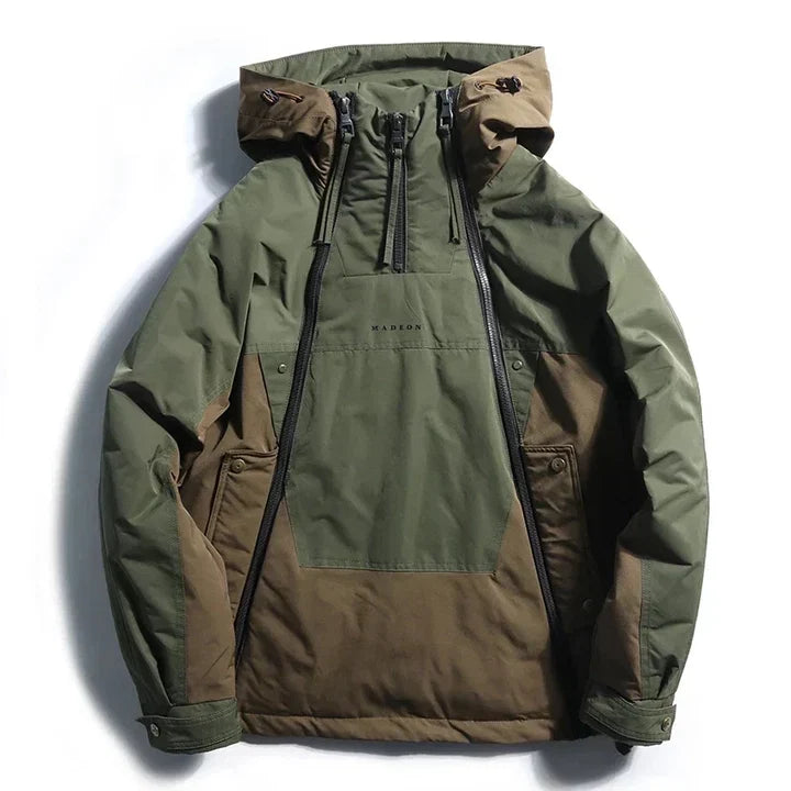 Men's Hooded Colourblock Double-Zip Jacket in Green and brown – front flat-lay view | Hensley London