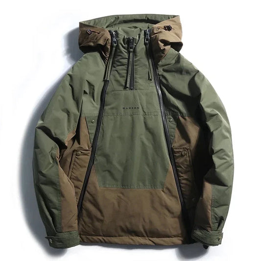 Men's Hooded Colourblock Double-Zip Jacket in Green and brown – front flat-lay view | Hensley London