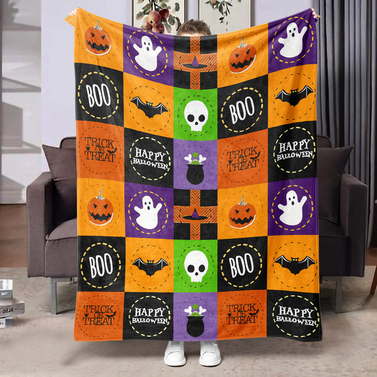 Halloween Flannel Blanket Black Geometric Polyester Multi-Size 50