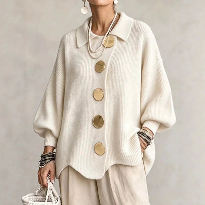 Women's Oversized Collared Knit Cardigan in Cream – front view on model | Hensley London