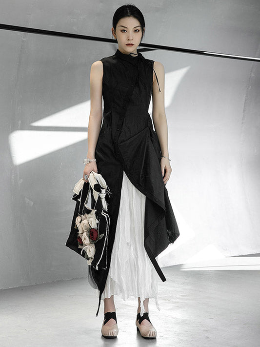 Black Cotton Gauze Sleeveless Midi Dress in Black – front view
