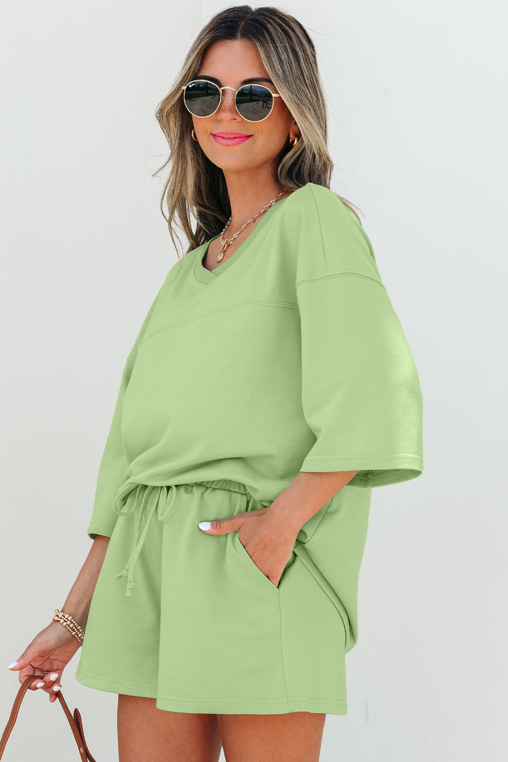 Women's V Neck Half Sleeve Tee and Shorts Set - View 3 | Hensley London
