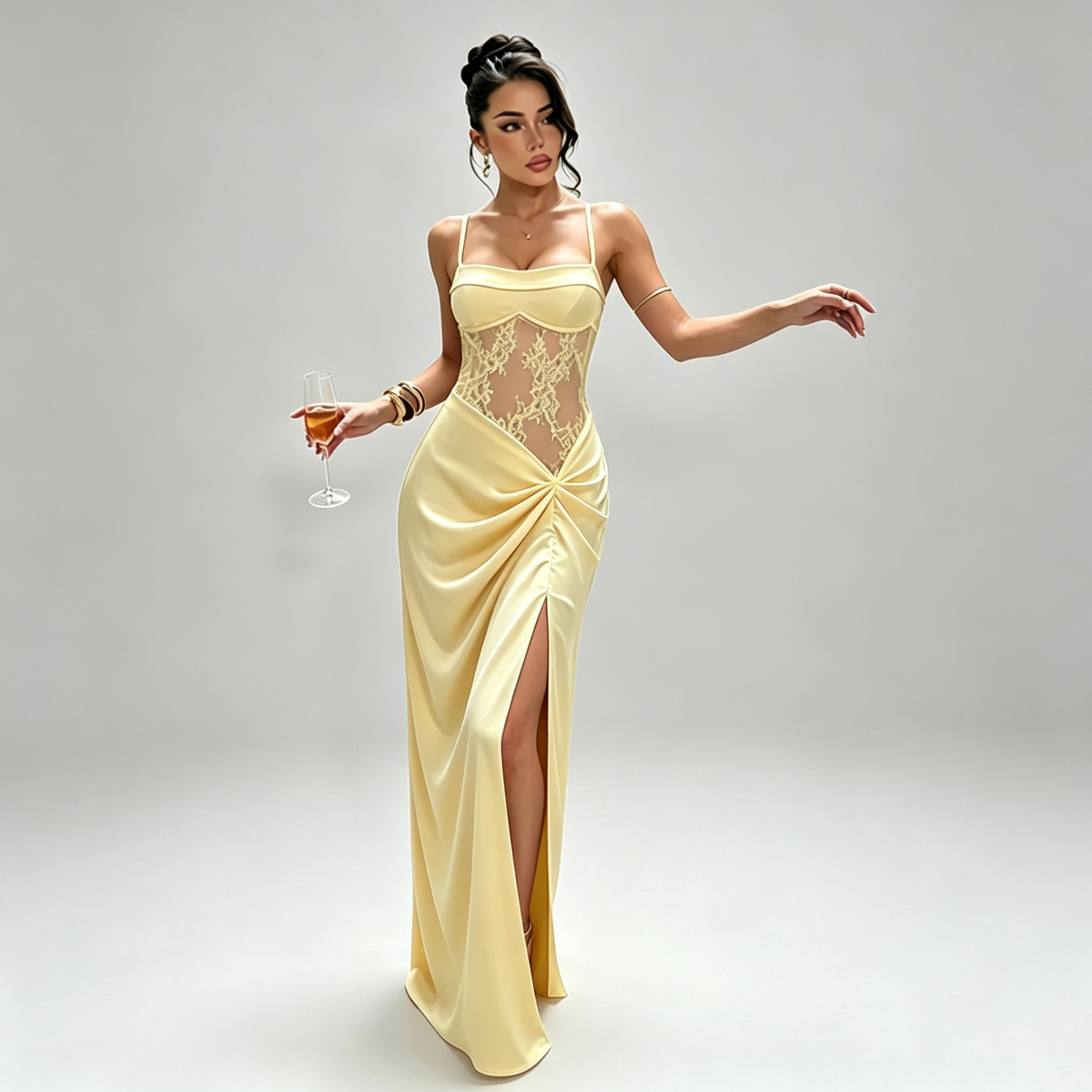 Women's Lace Waist Maxi Dress in Yellow – Front view | Hensley London