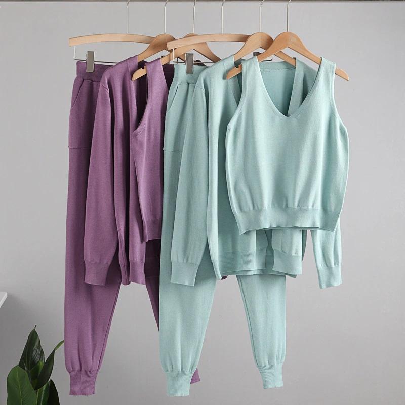 3Pcs Knitted Cardigan, Top, and Pants Tracksuit 3