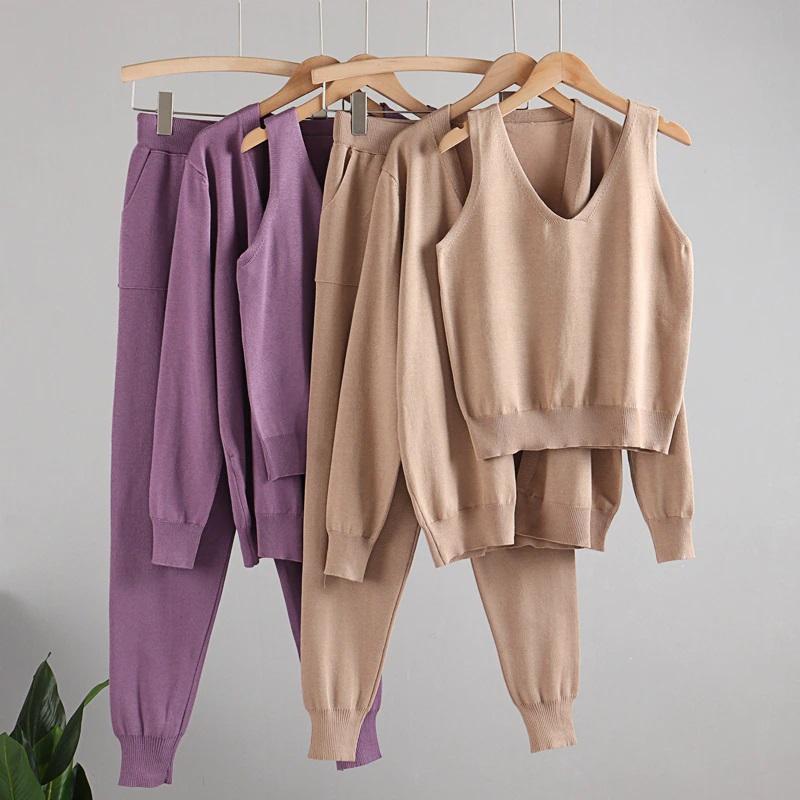 3Pcs Knitted Cardigan, Top, and Pants Tracksuit 4