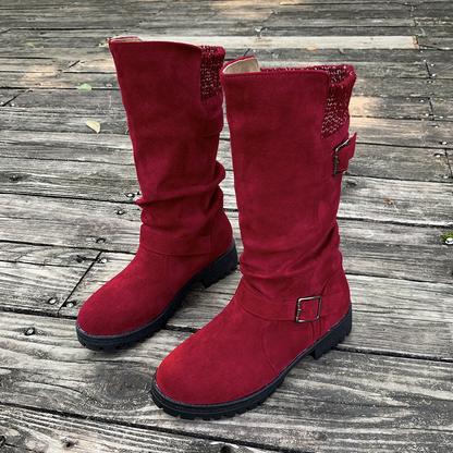 Women's Knit-Panel Mid-Calf Boots in Red – front three-quarter view | Hensley London