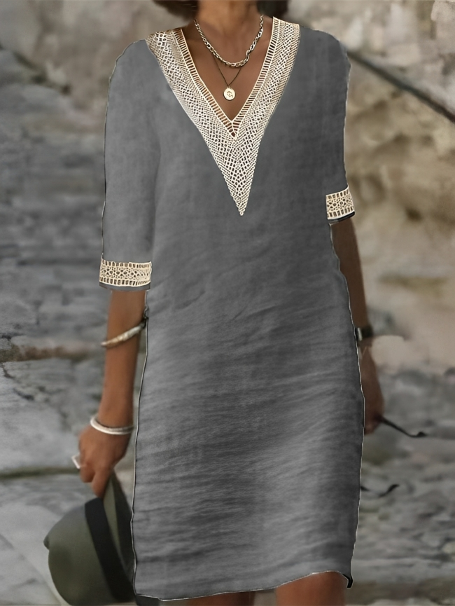 Women's Summer Dress White Linen V-Neck with Lace Detailing-3