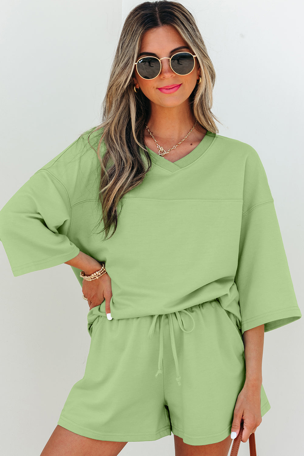 Women's V Neck Half Sleeve Tee and Shorts Set - View 1 | Hensley London