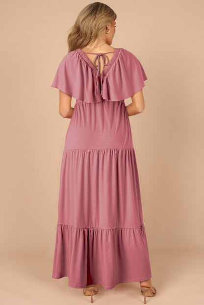 Rose Pink Textured V Neck Flutter Sleeve Ruffled Maxi Dress