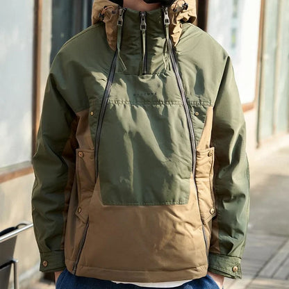 Men's Hooded Colourblock Double-Zip Jacket in Green and brown – front view on model | Hensley London