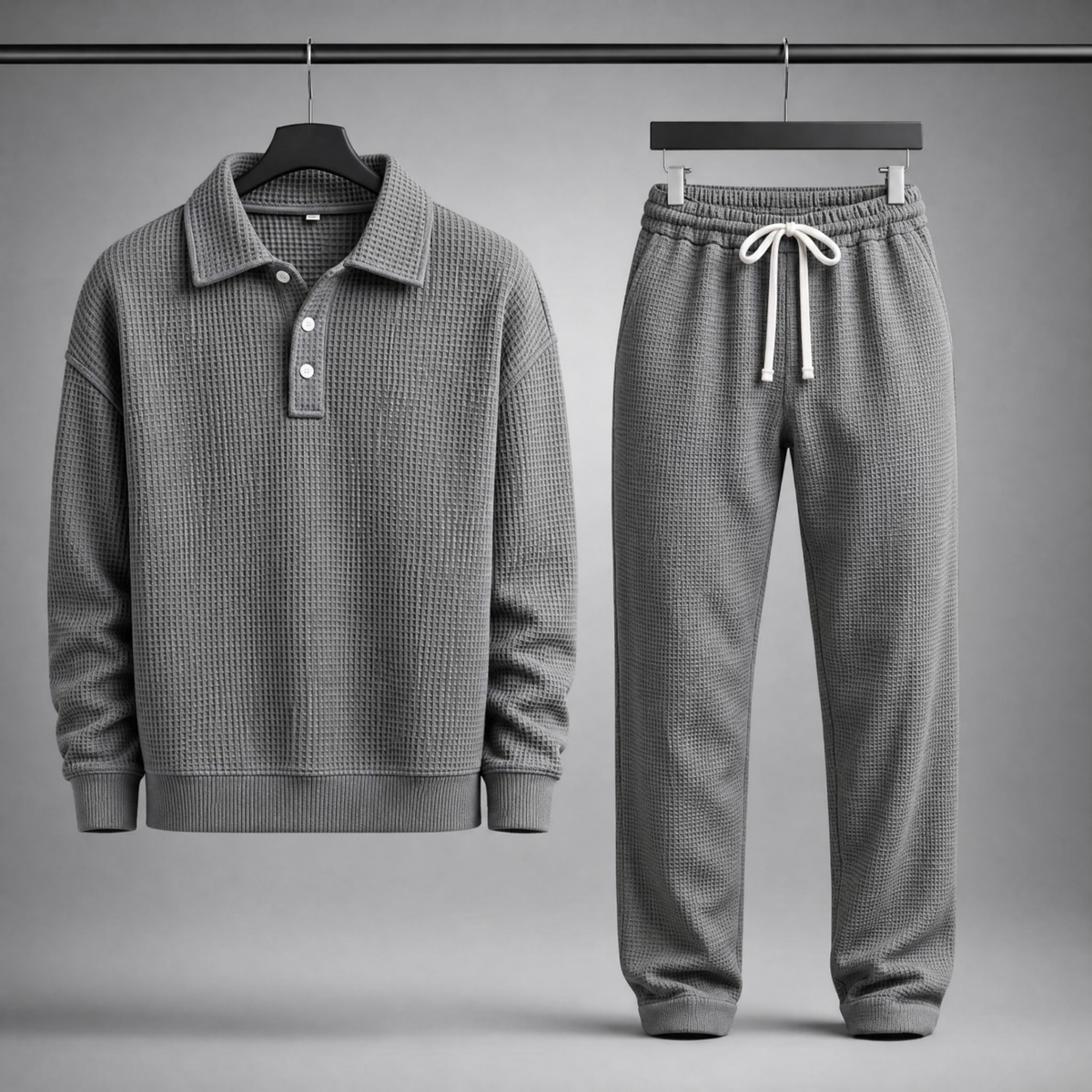 Men's Waffle-Knit Polo and Drawstring Trouser Set in Grey – front view of set | Hensley London