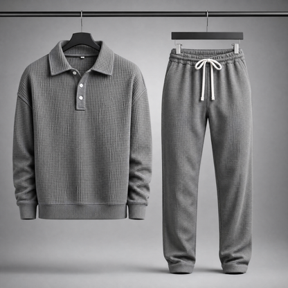 Men's Waffle-Knit Polo and Drawstring Trouser Set in Grey – front view of set | Hensley London